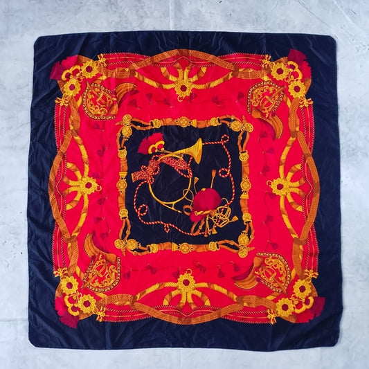 Vintage Luxury Equestrian Silk Scarf Saddle Tassels Horse Riding Print Red Black