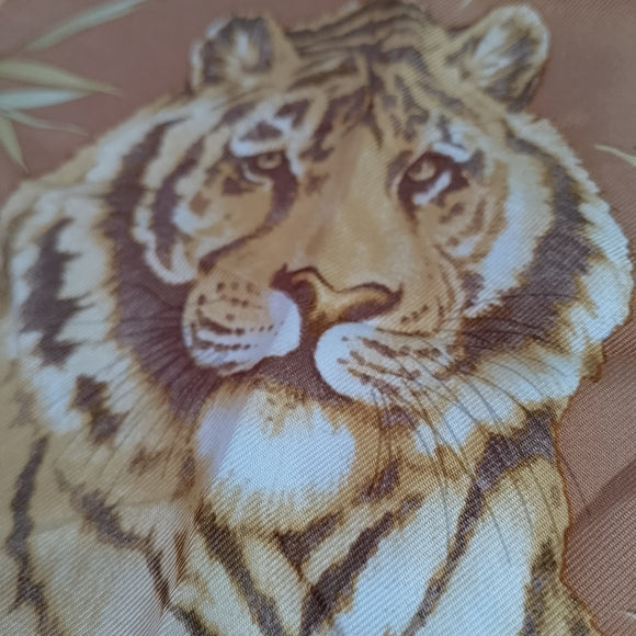 Vintage Salvatore Ferragamo Tiger & Leopard Print Silk Scarf Red Orange Yellow