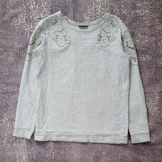 Club Monaco Grey Embroidered Floral Long Sleeve Top