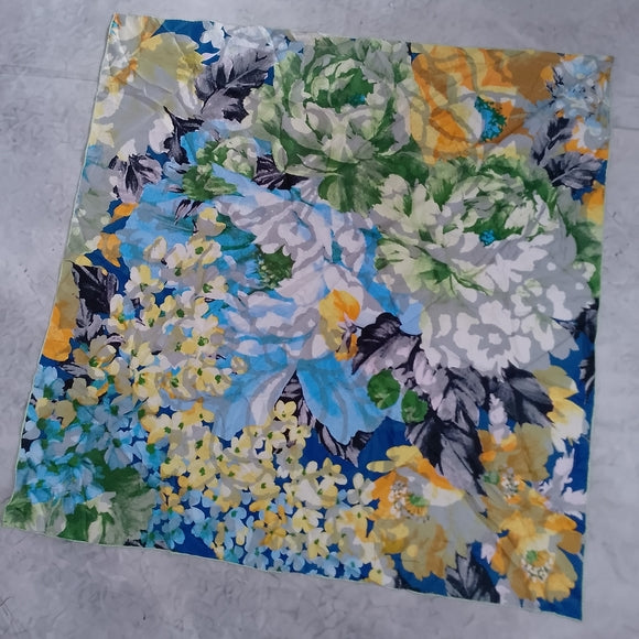 Vintage Floral Silk Scarf Blue Yellow White Vibrant 100% Silk