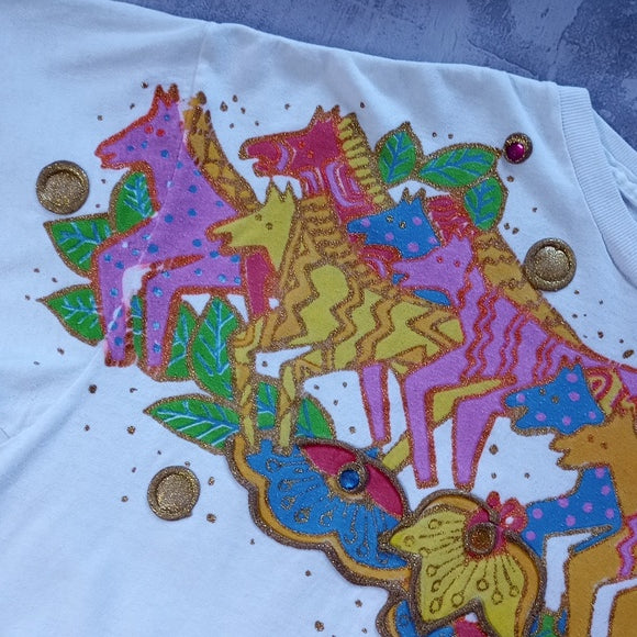 Vintage 1992 KWBL Running Colourful Zebras Graphic Single Stitch T-Shirt