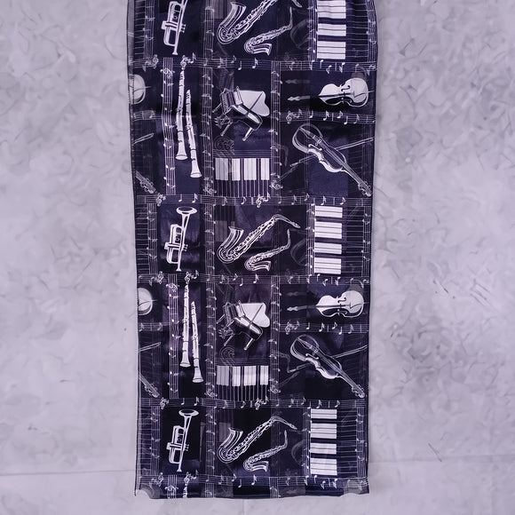Vintage Music Theme Silk Scarf Shawl Black White Musical Instruments Notes 58x13