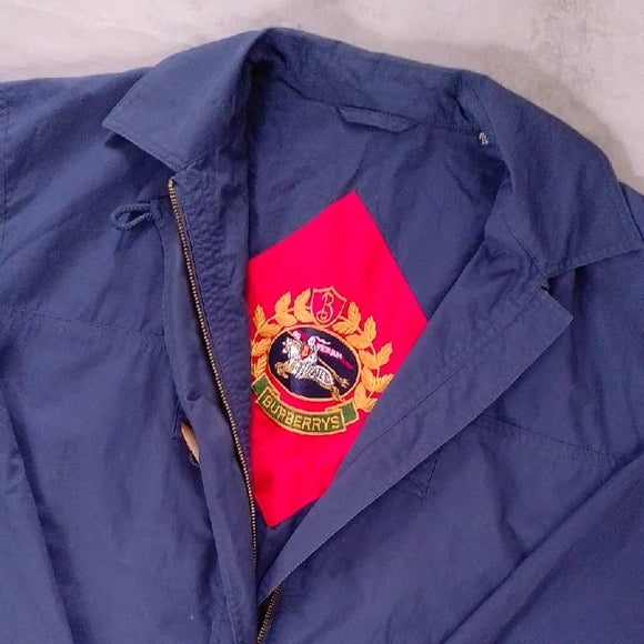 Vintage BURBERRY'S Navy Blue Jacket with Red Lining Embroidered UNISEX MAC COAT