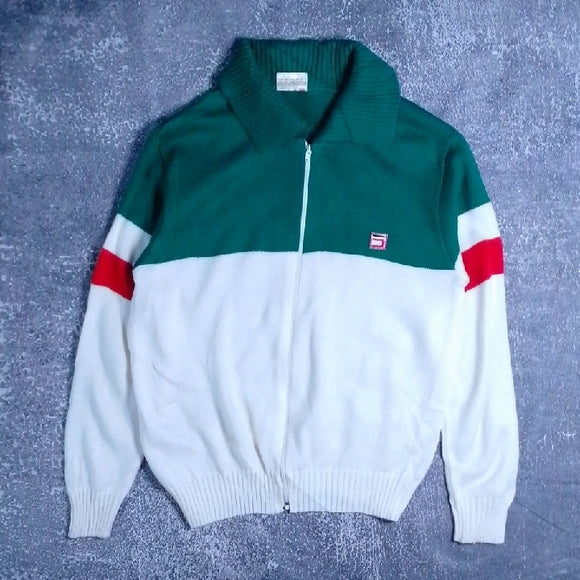 Vintage 80s Seaworth Knitwear Green and White Zip-Up Sweater