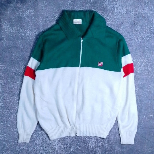 Vintage 80s Seaworth Knitwear Green and White Zip-Up Sweater