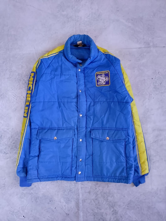 Vintage 70s Mens Large Michelin Man Tires Striped Full Zip Puffer Jacket USA