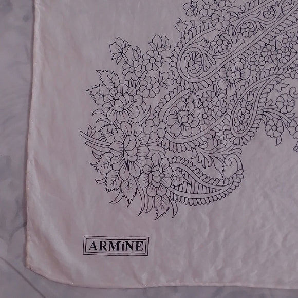 Vintage Armine Silk Scarf / Shawl – Black & White Paisley Floral Design – 32”