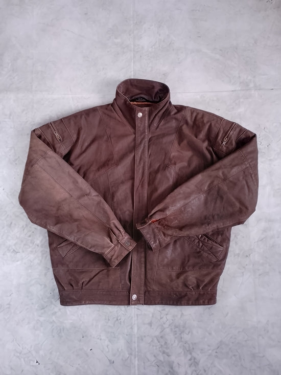 VINTAGE Brown Leather Bomber Jacket EXPRESSIONS WORWIDE