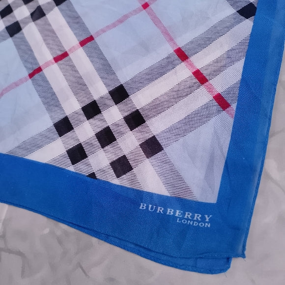 Vintage Burberry Check Handkerchief Scarf Blue Border 60x20 Classic Designer