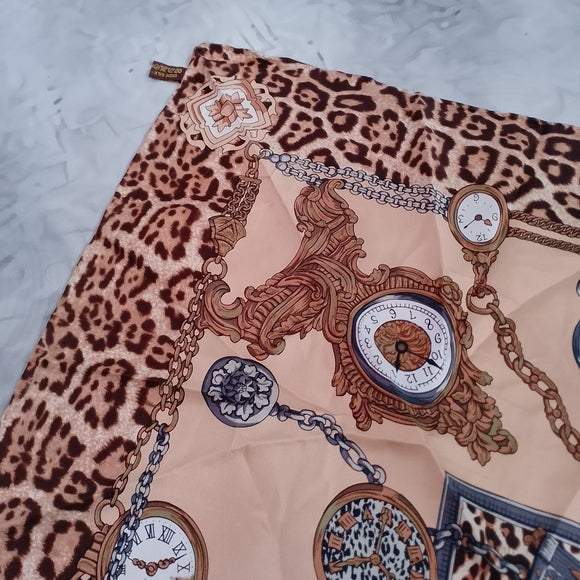 Vintage Large Satin Scarf Clocks, Watches & Leopard Print 34” Polyester