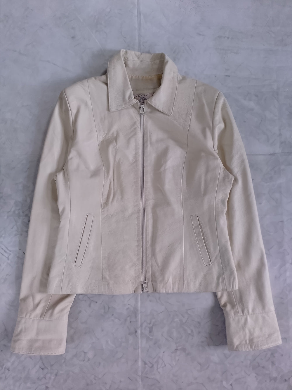 Women's Cream Zip-Front Leather Jacket Vera Pelle