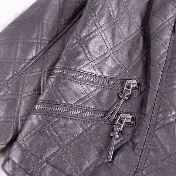 Quilted Faux Leather Jacket - Black - CLEO