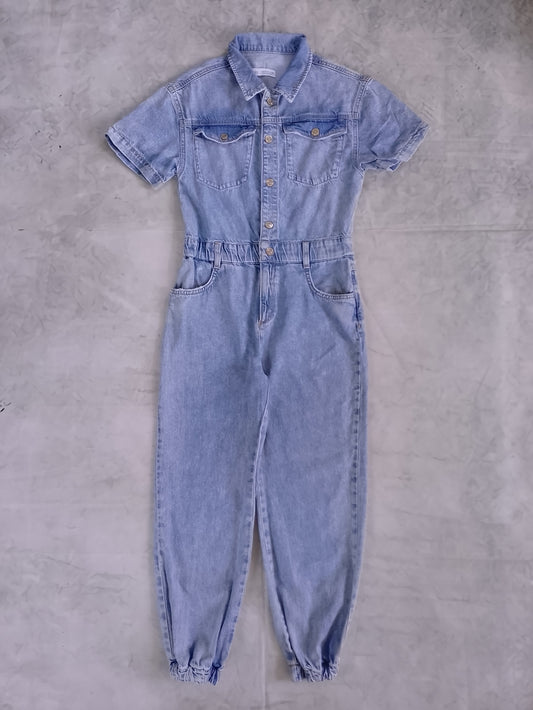 ZARA Light Wash Denim Short-Sleeve Jumpsuit