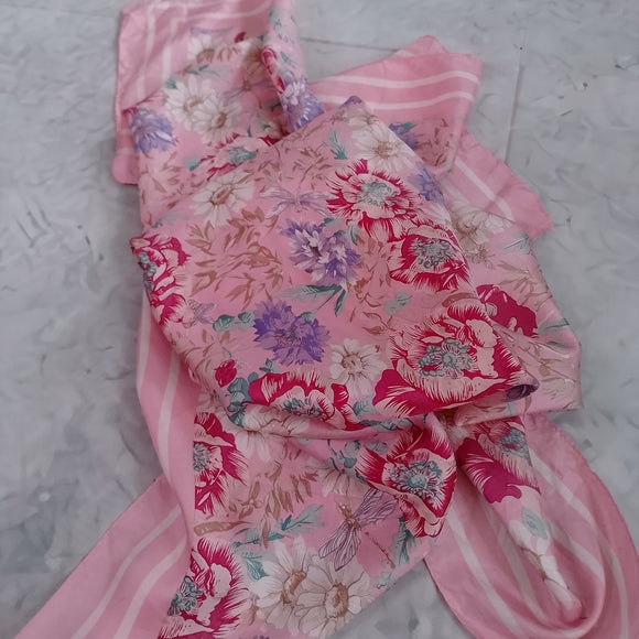 Vintage Talbots Floral Pink Square Silk Scarf Made in Japan Bugs/Bees/DRAGONFLY