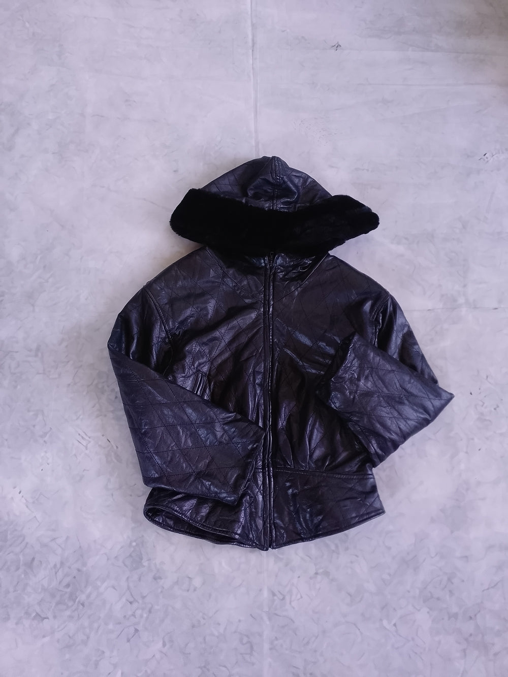 DANIER Black Leather Hooded Jacket with Faux Fur Trim