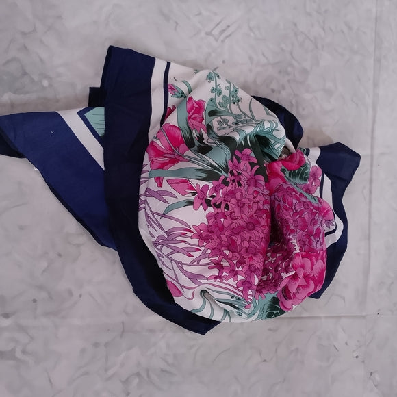 Vintage 70s Abstract Floral Border Stripe Scarf Pink Navy 27” Satin Polyester
