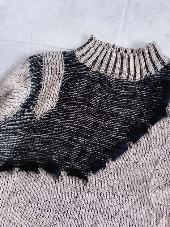 Vintage 90s Womens Two-Tone Knit Sweater in Beige and Black - Mock Neck Wool