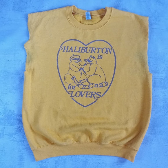 Haliburton Is For Lover's Racoons Crewneck Cut-Off Sleeve Shirt Sweater YELLOW