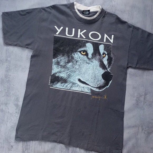 VINTAGE 1993 Yukon Wolf Signal Sports T-Shirt Single Stitch