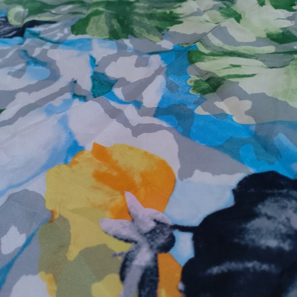 Vintage Floral Silk Scarf Blue Yellow White Vibrant 100% Silk
