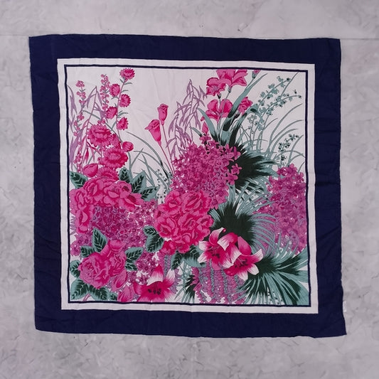 Vintage 70s Abstract Floral Border Stripe Scarf Pink Navy 27” Satin Polyester