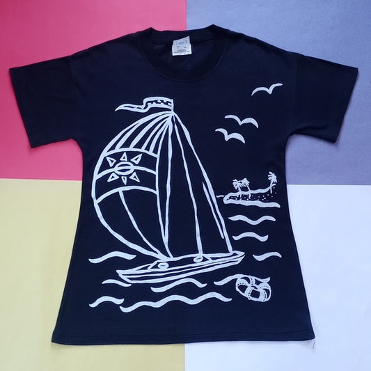 Vintage 90s Sail Board Near Beach Big Print Both Sides T-Shirt