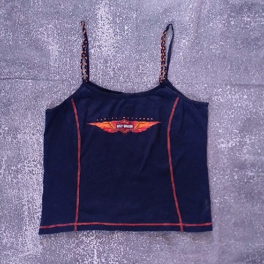 Vintage 2002 Harley-Davidson Black Camisole Spaghetti Strap Orange Detail