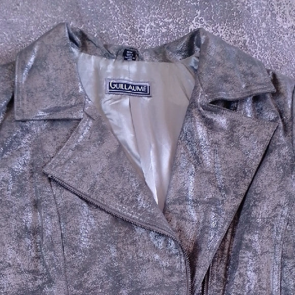 Vintage 90s Metallic Grey Belted Leather Coat