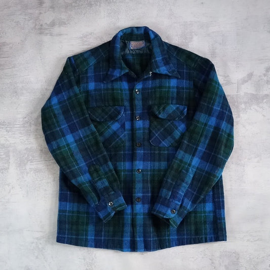 Vintage 70s M PENDLETON BUTTON UP SWEATER TARTON PLAID BLUE