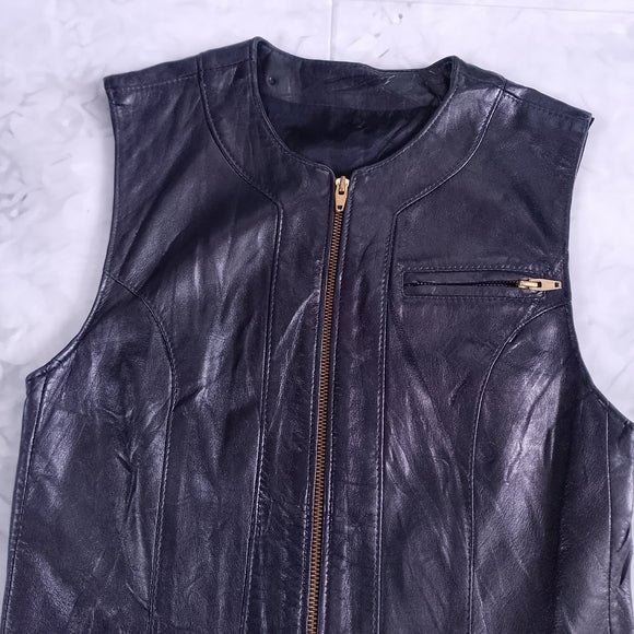 Vintage LIPTONS Black Leather Long Utility Vest Dress – Zipper Closure