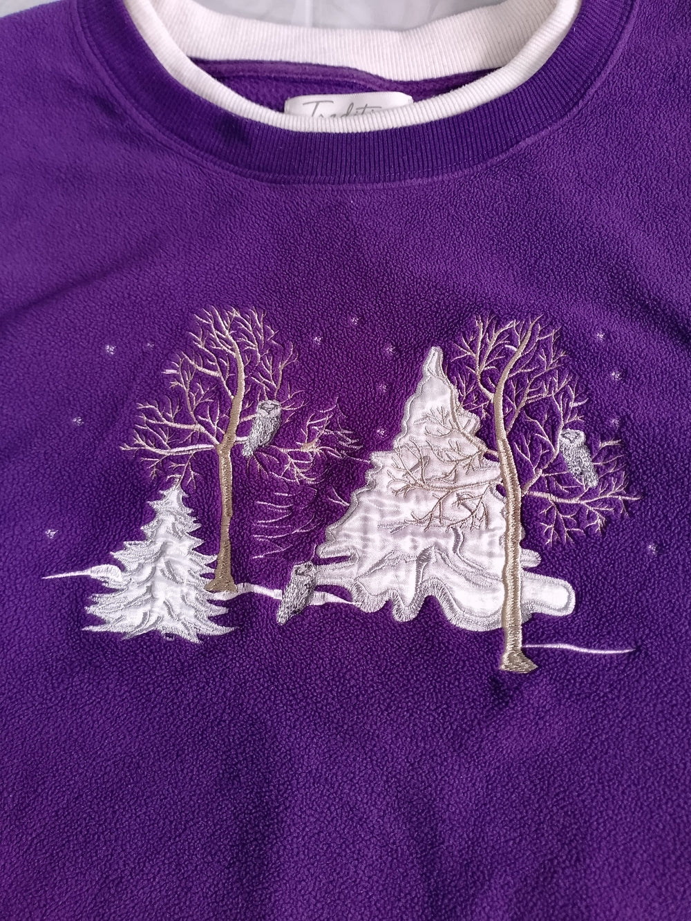 Vintage Y2K Snowscape with Owls Purple Crewneck Sweater
