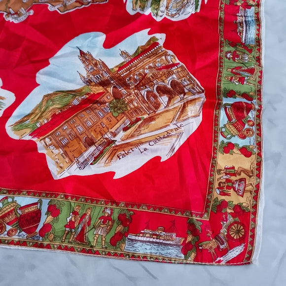 Vintage Italy Landmarks Silk Scarf Red Italian Cities Souvenir Scarf Palermo