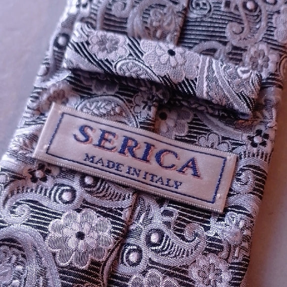 VINTAGE SERICA MADE IN ITALY SILK Elegant Gray Paisley Men's Tie
