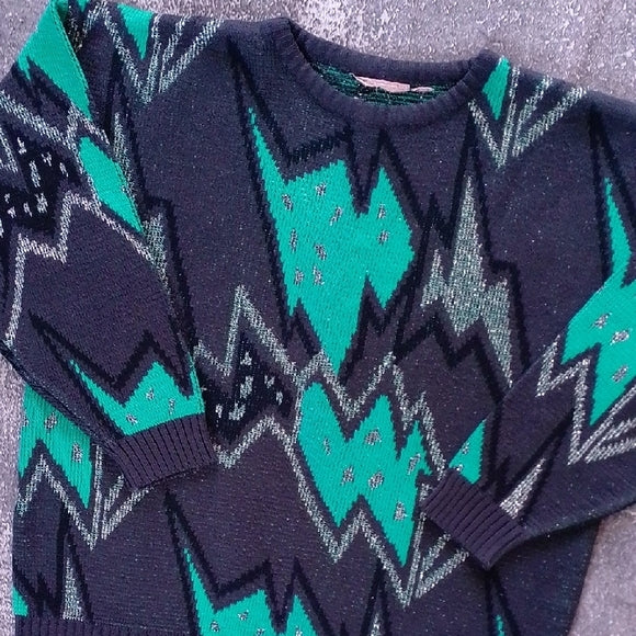 VINTAGE 90s Vintage Geometric Sweater in Teal and Black