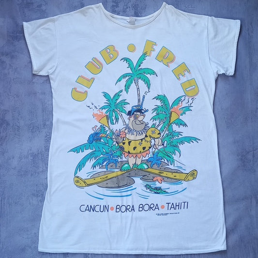 VINTAGE 1986 Flintstones Club Fred Big Print Cancun T-Shirt