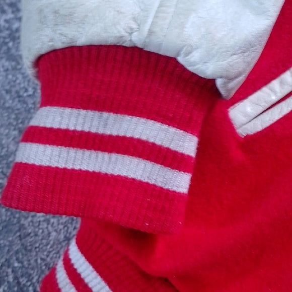 VINTAGE Red and White Stratford Auction Varsity Jacket WOOL/LEATHER
