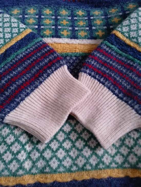 Vintage 90s Enzo Lorenzo WOOL Multicoloured Patterned Knit Sweater with Shawl Co