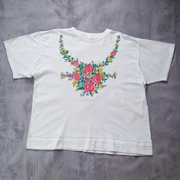 VINTAGE 90s Floral Necklace Roses T-Shirt Single Stitch