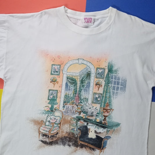 Vintage 1990s Fun Art Living Room With Dog Single Stitch T-Shirt unisex