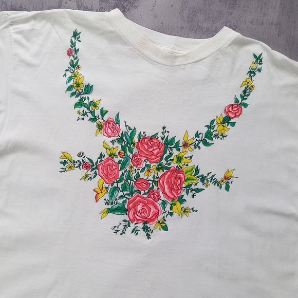 VINTAGE 90s Floral Necklace Roses T-Shirt Single Stitch