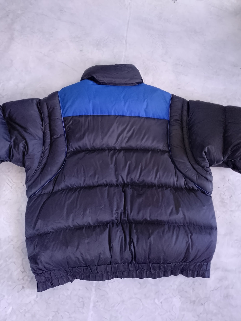 Vintage Columbia Down Black Puffer Jacket with Blue Shoulder Accents