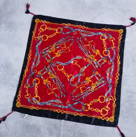 Equestrian Harness Square Scarf Red Black Gold, Horse Print Neckerchief Bandana