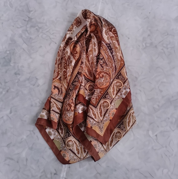 Vintage Paisley Square Scarf Brown Tan Paisley Print 25” Polyester Retro Scarf