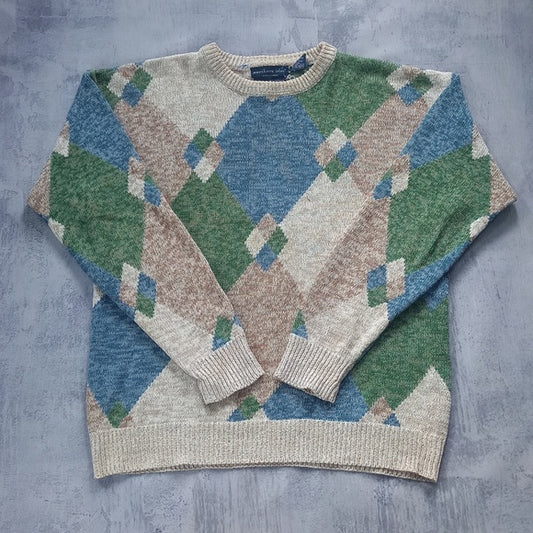 Vintage Northern isles Hand Loomed Intarsia Crewneck Color Block Sweater