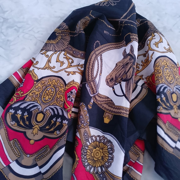 Vintage Equestrian Silk Scarf Horses & Harness Print Gold Red Black Brown 30”