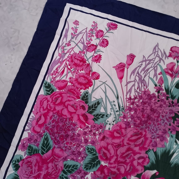 Vintage 70s Abstract Floral Border Stripe Scarf Pink Navy 27” Satin Polyester