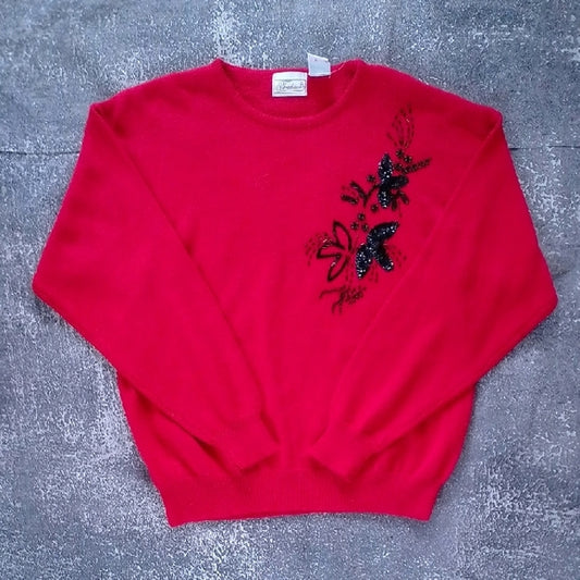 VINTAGE 90s Red Sweater with Beaded Black Floral Design