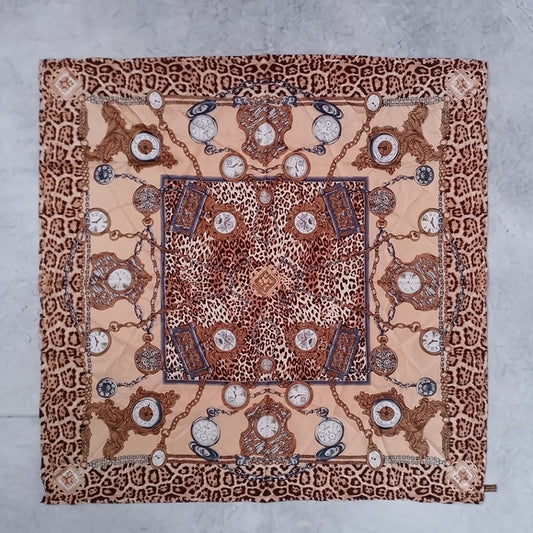 Vintage Large Satin Scarf Clocks, Watches & Leopard Print 34” Polyester