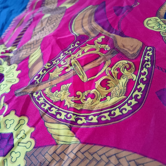 Vintage Luxury Equestrian Silk Scarf Saddle Tassels Horse Riding Print Red Black