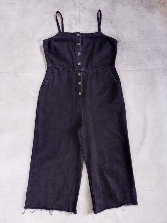 Spaghetti-Strap Denim Button-Front Wide-Leg Jumpsuit Women's Jeans Black Topshop